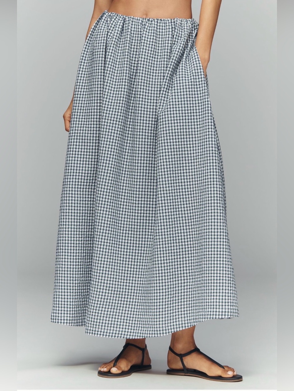 Monteau Los Angeles Blue Gingham Seersucker Midi Skirt Size XL